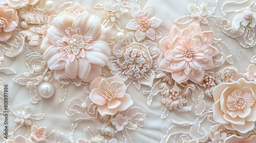 Soft Pastel Elegance: Vintage Lace with Flowers, Pearls, and High Relief photo
