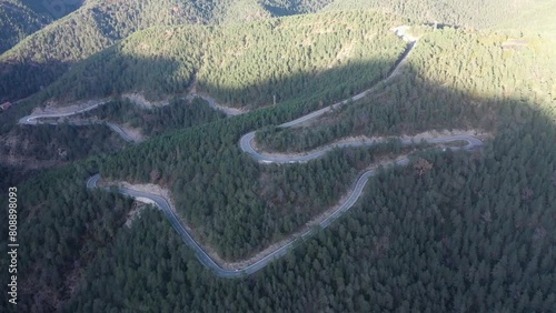 Aerial video over winding roads in the Pyrenees Mountains in Andorra, Europe photo