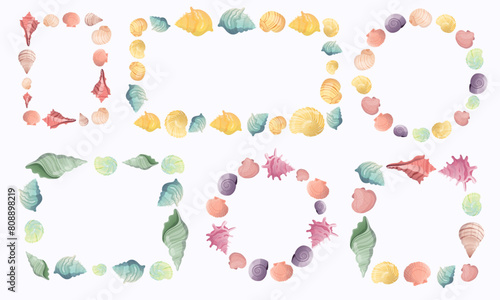 Сollection of decorative  frames made up of beautifully illustrated seashells in soft pastel colors. The variety of shells, including conchs, scallops, and spirals, are arranged in circular, rectangle