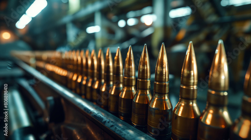 A close-up of a row of bullets is laid out on the conveyor belt. Export and import of weapons. The bullets are made of gold