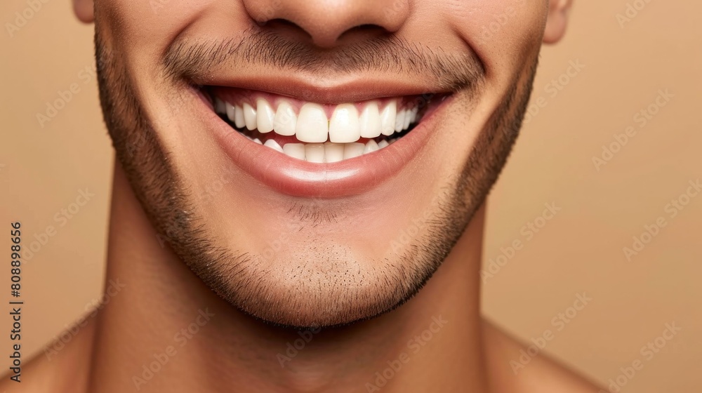 Fototapeta premium Detailed image of young man smiling with perfect white teeth