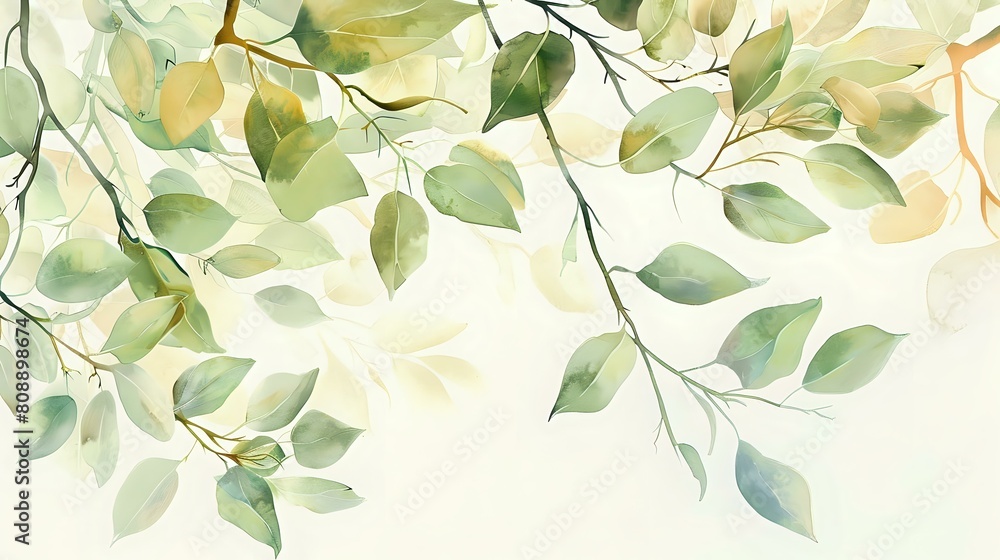 Watercolor Minimalism: Delicate Leaves, Clean Background, Simple Tree Branches