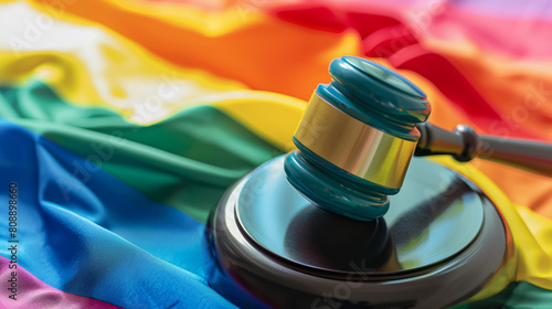 Rainbow pride flag and gavel. LGBTQ  discrimination  legislation  and gay rights concept. Stock Photo photography
