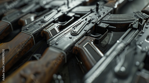 Export and import of weapons. The concept of war and power. Close-up of black pistols photo