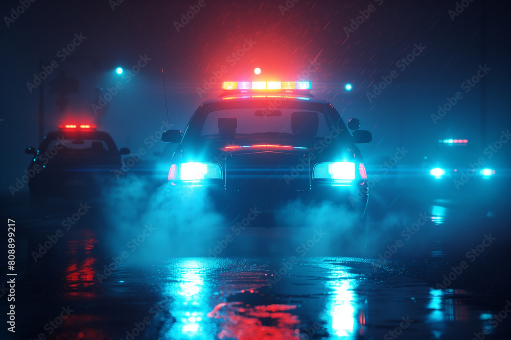 Comercial closeup through fogy background of police siren and blue and red flasher lights atop of a police car. Police car chasing another car on dark street at night after 911 Eme Comercial closeup through fogy background of police siren and blue and red flasher lights atop of a police car. Police car chasing another car on dark street at night after 911 Eme