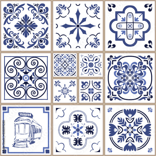 Vector azulejo mosaic tile. Portugal traditional geometric ceramic design. Blue, white color, floral motifs. Mediterranean, Portuguese, Spanish traditional vintage style.