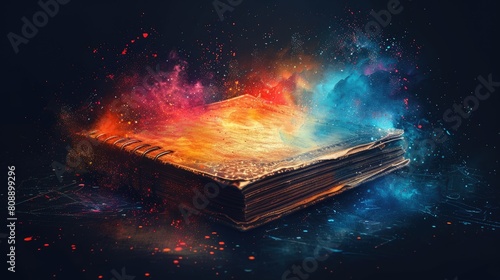 the book emits colored smoke with a 3d illustration