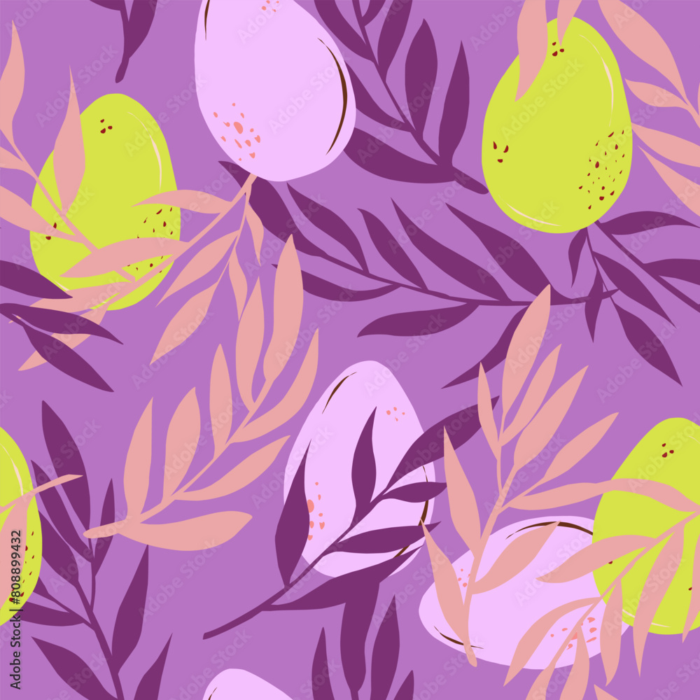 Fototapeta premium Easter eggs and branches hand drawn vector seamless pattern Retro style..