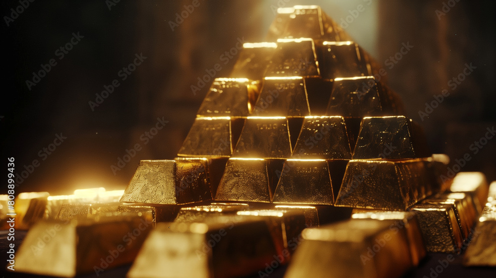 View of the golden shining shiny ingots stacked in a pyramid. The concept of power and wealth View of the golden shining shiny ingots stacked in a pyramid. The concept of power and wealth