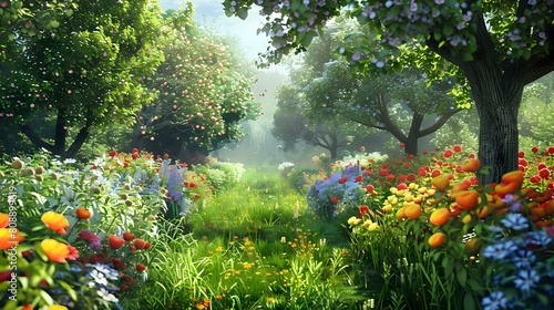 Vibrant Garden: Big Colorful Flowers, Apple Trees, Green Grass Glade