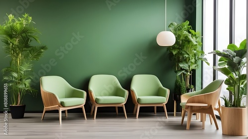 A chic, contemporary waiting area in a green office. For a business meeting, appointment, or job interview, cozy wooden seats are set up. Office with lots of flora for a cozy and peaceful vibe