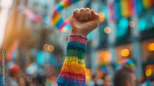 Raised rainbow fist of a woman for PRIDE month and the LGBTQIA+ movement. Pride day for sexuality freedom, love diversity celebration and the fight for human rights Stock Photo photography