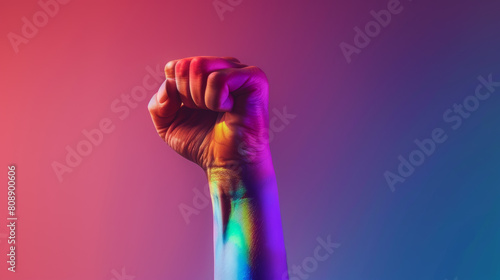 Raised rainbow fist of a woman for PRIDE month and the LGBTQIA+ movement. Pride day for sexuality freedom, love diversity celebration and the fight for human rights Stock Photo photography