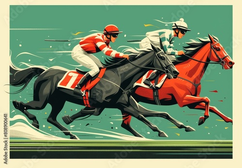 A flat illustration of horse racing, showing three horses with jockeys in the middle distance, against a green background, created with simple lines and shapes and a warm color palette. © Photo And Art Panda