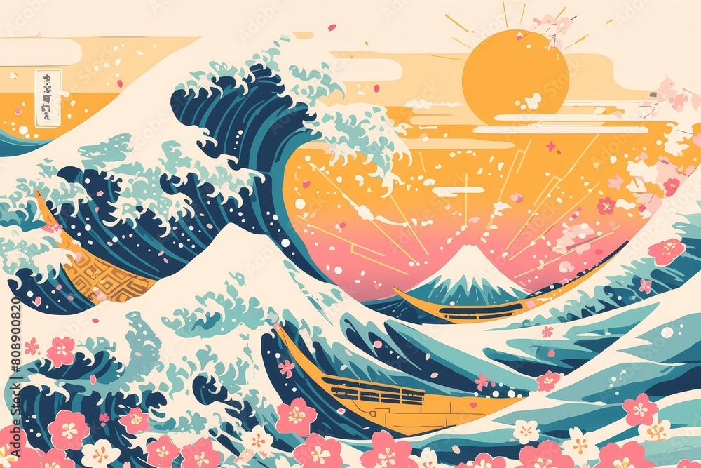 A flat illustration of the Mount Fuji landscape with cherry blossoms, surrounded by ocean waves and traditional Japanese patterns. 