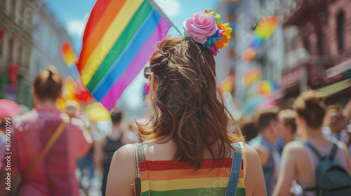 Rear view of people in the pride parade. Group of people on the city street with gay rainbow flag. Stock Photo photography