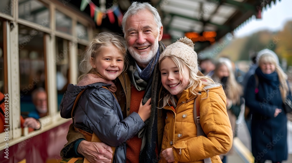 Quaint Train Station Scene: People Boarding with Smiles Quaint Train Station Scene: People Boarding with Smiles