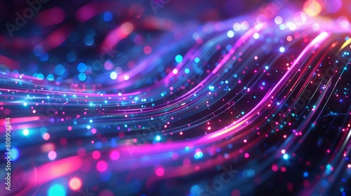 Abstract pink blue neon wave lines, bokeh lights, data transfer concept, futuristic wallpaper