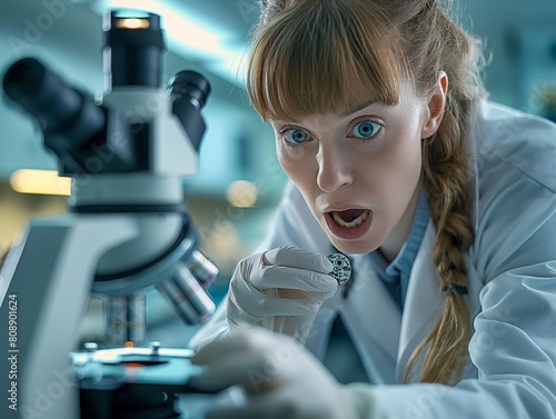 A woman in a lab coat is looking at something through a microscope. She is surprised or shocked by what she sees