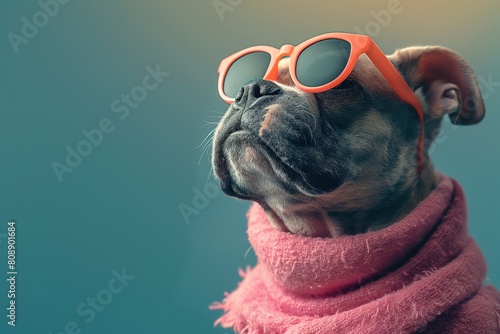 A Contemplative Boxer Dog Wrapped in a Cozy Pink Scarf, Donning Orange Sunglasses with a Serene Look
