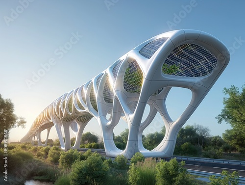 A long bridge with a lot of green plants and trees. The bridge is made of metal and has a futuristic look. The sky is clear and the sun is shining brightly photo