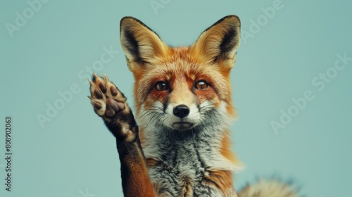 Enchanting Red Fox with Captivating Orange Fur Waving its Paw, Against a Minimalist Teal Background