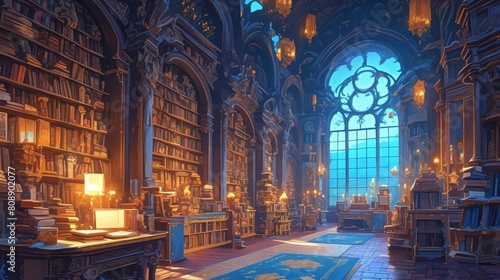 A grand library with a high ceiling and stained glass windows. The shelves are filled with books and there is a large desk in the center of the room.