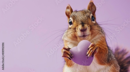 Mesmerizing Squirrel with Vivid Blue Eyes Tenderly Grasping a Soft Purple Heart, a Captivating Wildlife Portrait
