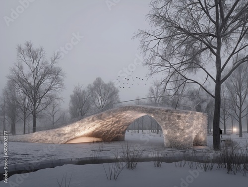 A bridge is shown in the snow with a person standing on it. The bridge is curved and has a unique design. The snow-covered trees in the background create a serene and peaceful atmosphere photo