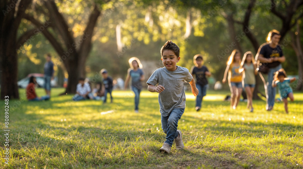 Energetic Young Hispanic Boy Running Joyfully Across a Sunlit Park During a Family Gathering, Capturing the Essence of Childhood Freedom Energetic Young Hispanic Boy Running Joyfully Across a Sunlit Park During a Family Gathering, Capturing the Essence of Childhood Freedom