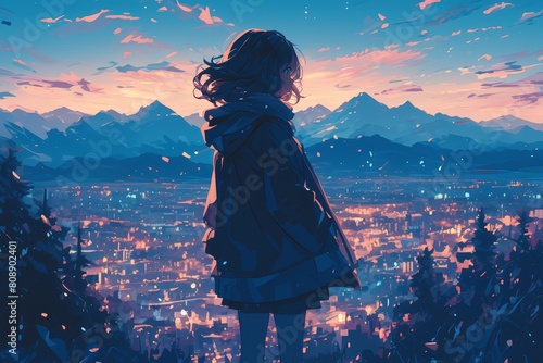 A girl looking at the mountain range, in a lofi anime style with pastel colours, at night under the sky. 