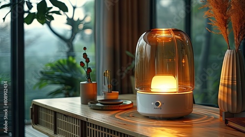 A unique oil diffuser made of bamboo featuring a builtin timer and a sleek cylindrical design. photo