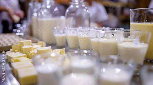 An Array of Milk Glasses and Cheese Samples Presented on a Busy Table at a Local Market  Showcasing Dairy Products
