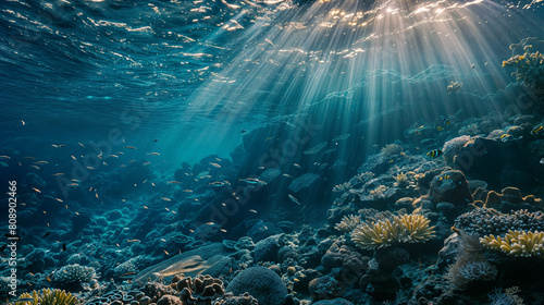 A Lush Coral Reef, Bathed in Sunlight, Showcases a Myriad of Marine Life Forms, Highlighting Underwater Diversity and Beauty photo
