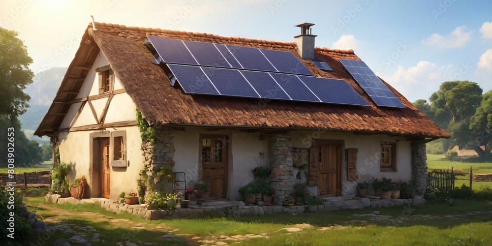 old stone cottage with solar panels installed on the roof, blending tradition and modern technology