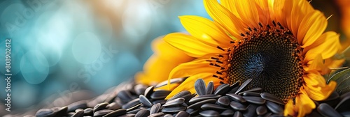 Close-Up of a Sunflower and Seeds Against a Dreamy Bokeh Background in Soothing Blue Tones