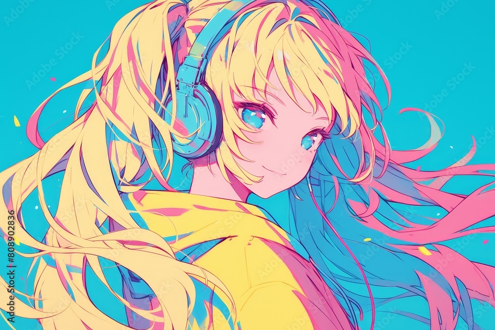 A girl with blonde hair in pigtails wearing headphones against a colorful background in the style of lofi anime.