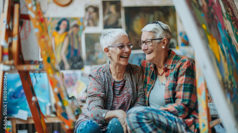 Obraz premium Senior artist gay couple couple painting at art gallery school - Lesbian family, LGBTQ concept Stock Photo photography