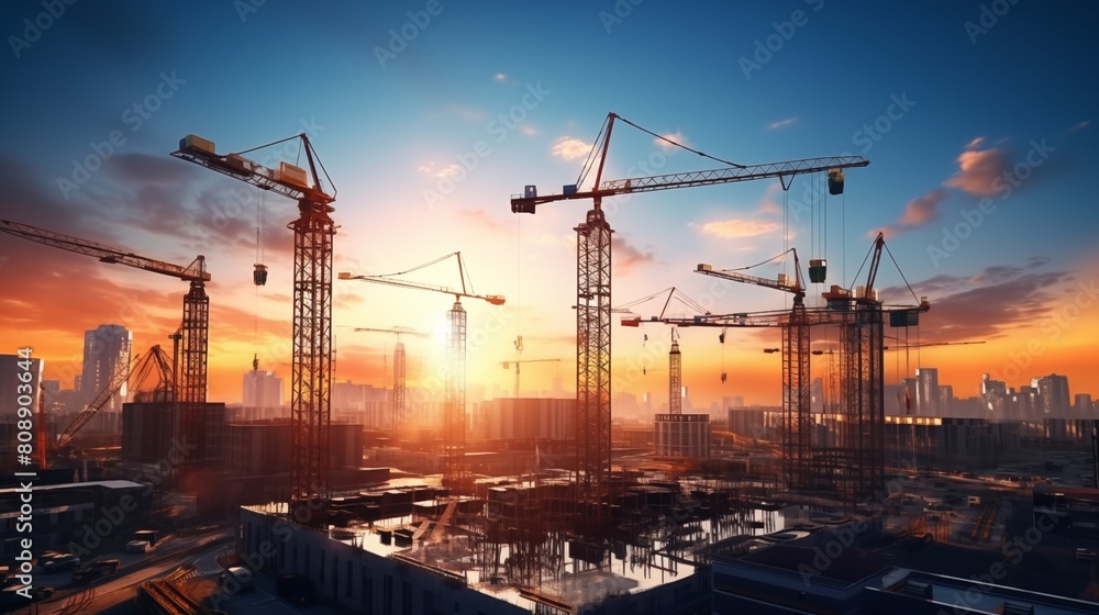 City building construction sites development and tower cranes.