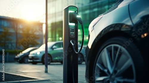 Modern fast electric vehicle chargers for charging car in park.