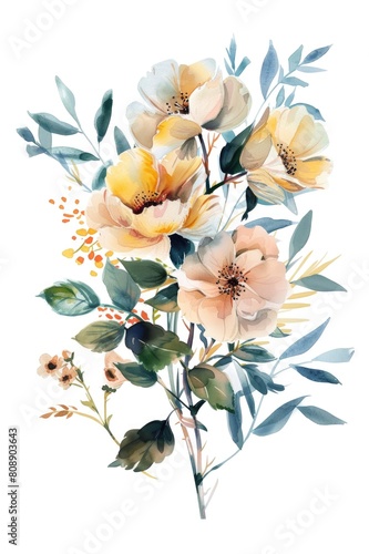 A delicate watercolor painting depicts a bouquet of assorted flowers