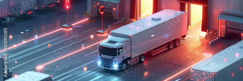 isometric view of a white truck with a trailer at the entrance to an industrial area, the truck going through a gate and a red light flashing on a door of a loading dock in the background, cinematic,  photo