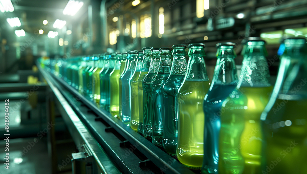 glass bottles on the conveyor belt in transparent beer factory with blue light and yellow lighting, 3D rendering glass bottles on the conveyor belt in transparent beer factory with blue light and yellow lighting, 3D rendering