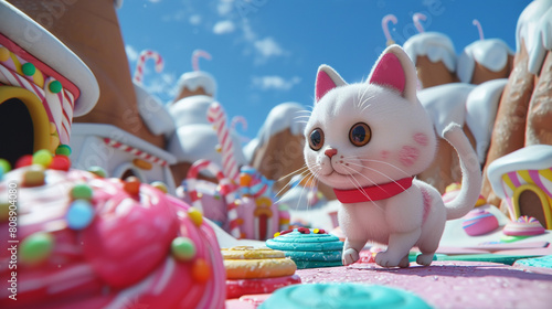 A 3D Kawaii cat exploring a candy land.