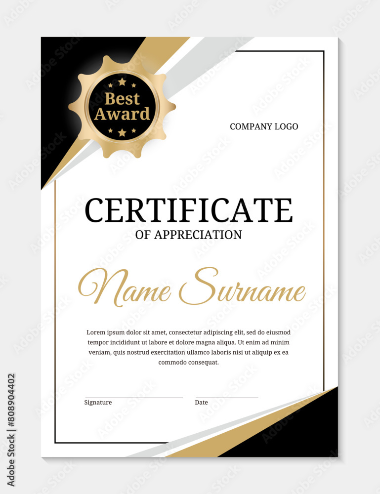 Fototapeta premium Black, silver and gold Certificate of achievement template with gold badge. Award diploma design blank. Vector Illustration. 