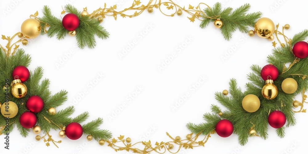 Christmas trees and ball ornaments in border, empty space in center on white background Christmas trees and ball ornaments in border, empty space in center on white background