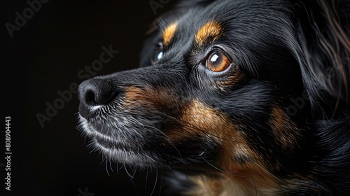 A close-up portrait of a cute dog, showcasing the intricate details of its face in profile. The fluffy pet stares intently, adding warmth to the image