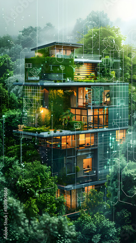AI Optimized Green Building Construction: Photorealistic Concept with Energy Efficient Design and Sustainable Materials