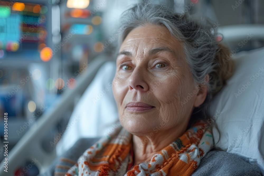 An elderly woman with grey hair lies in a hospital bed, serene amid medical equipment