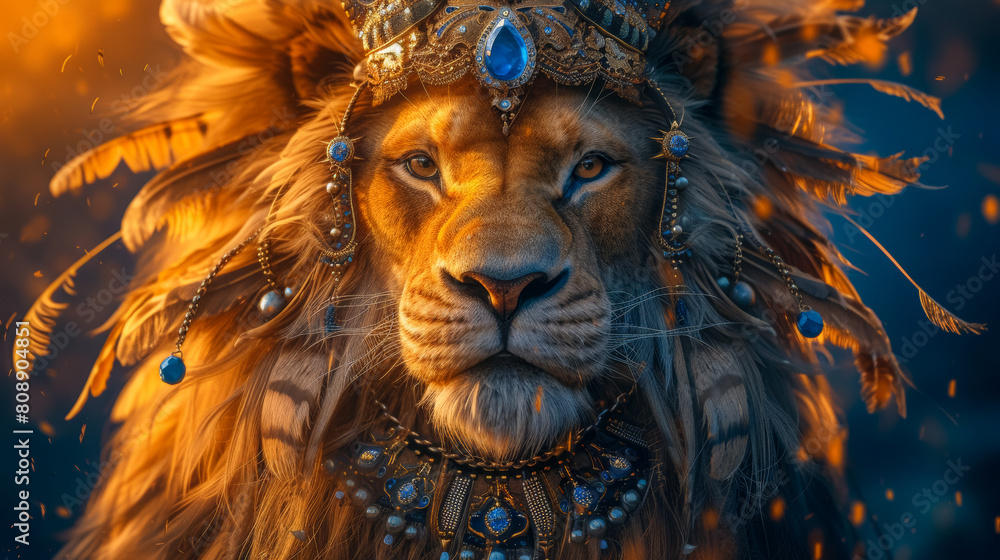 Majestic lion with a regal crown of feathers, draped in a silk cape